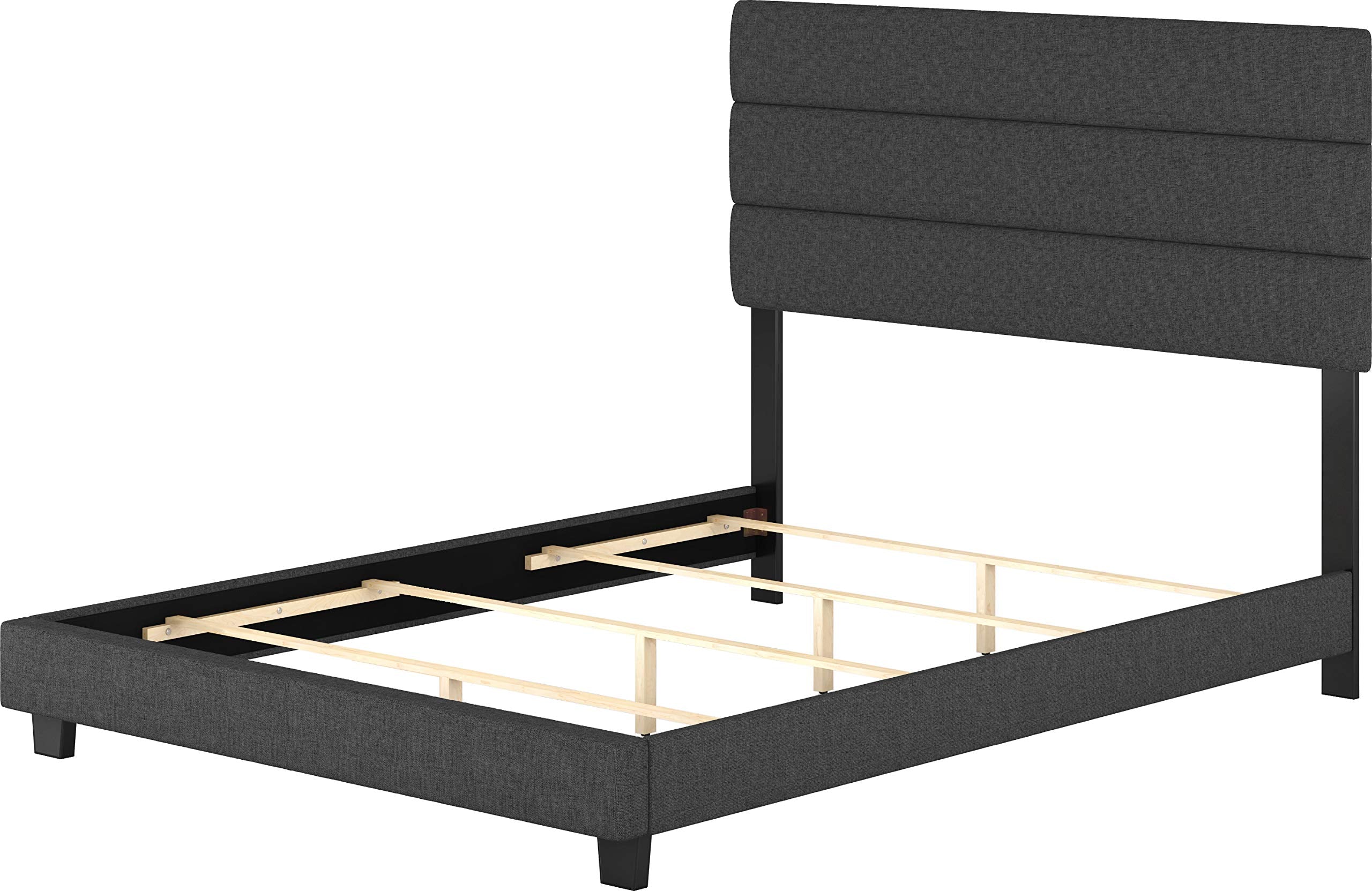 Boyd Sleep Ravenna Upholstered Platform Bed Frame Mattress Foundation With Tri-Panel Headboard And Strong Wood Slat Supports: Linen, Black, Queen